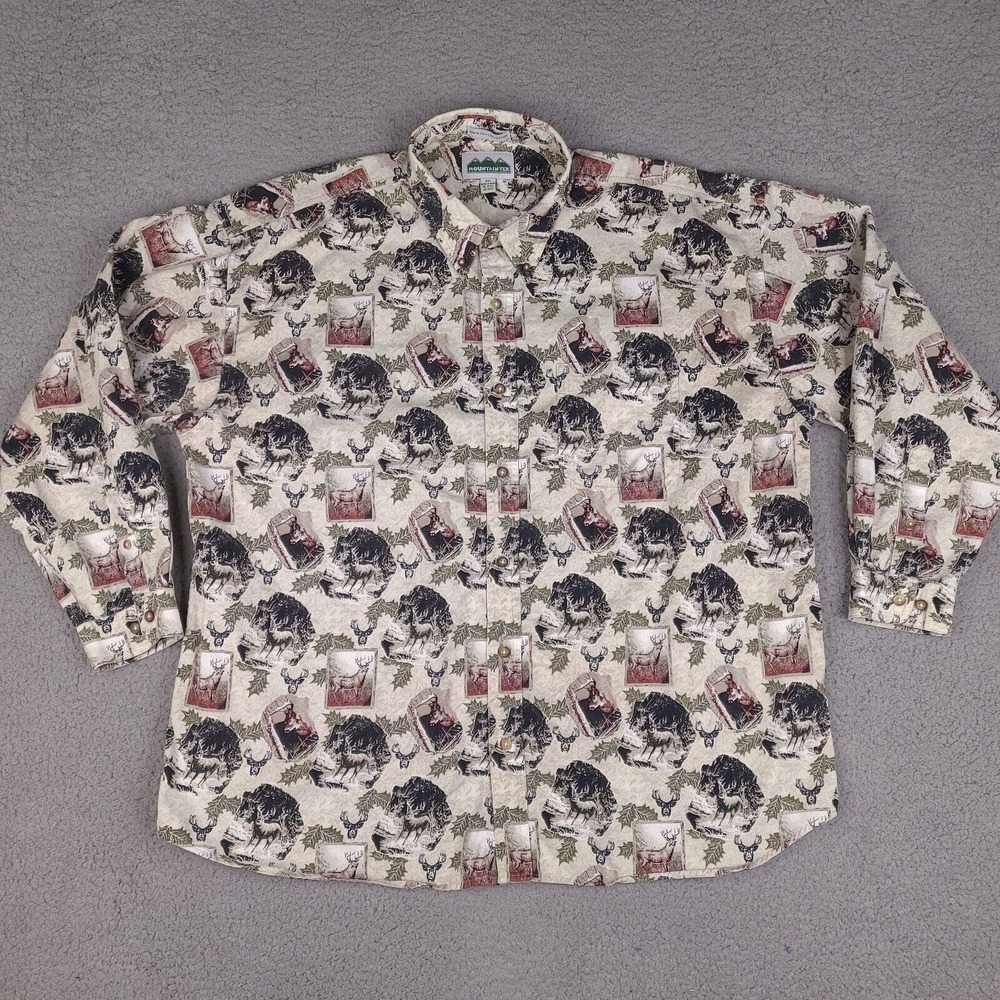 Vintage Mountain Tek Shirt Men's XXL Deer Outdoor‎ All Over Print Button Down